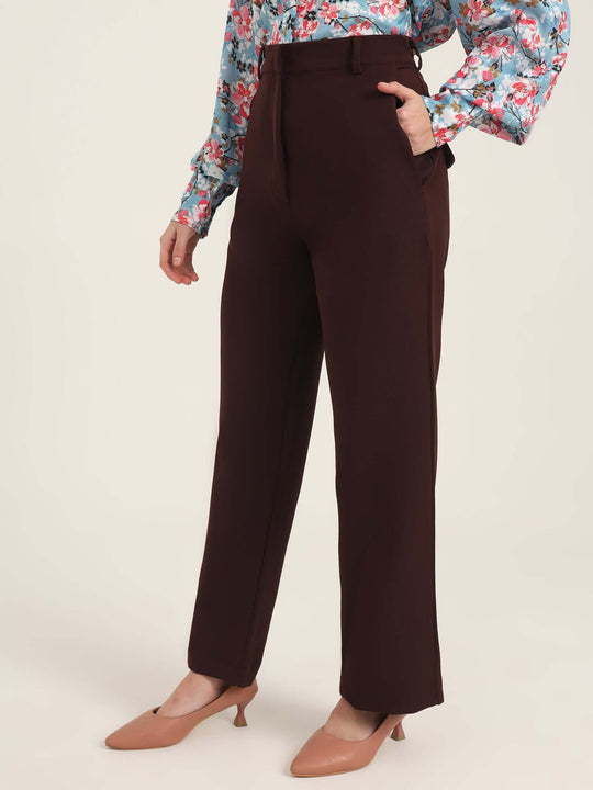 Women'S Luxury Banana Crepe Dark Choclate Straight Fit With Flap Pocket Trouser