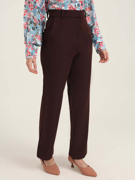 Women'S Luxury Banana Crepe Dark Choclate Straight Fit With Flap Pocket Trouser