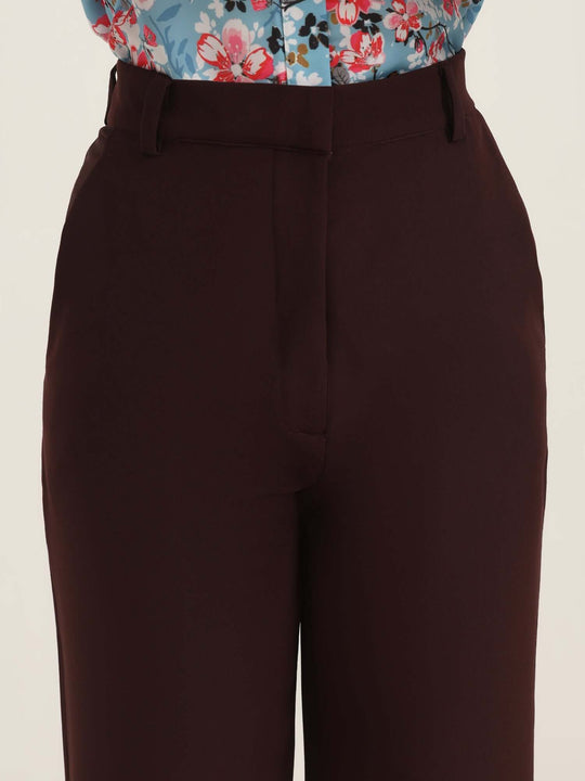 Women'S Luxury Banana Crepe Dark Choclate Straight Fit With Flap Pocket Trouser