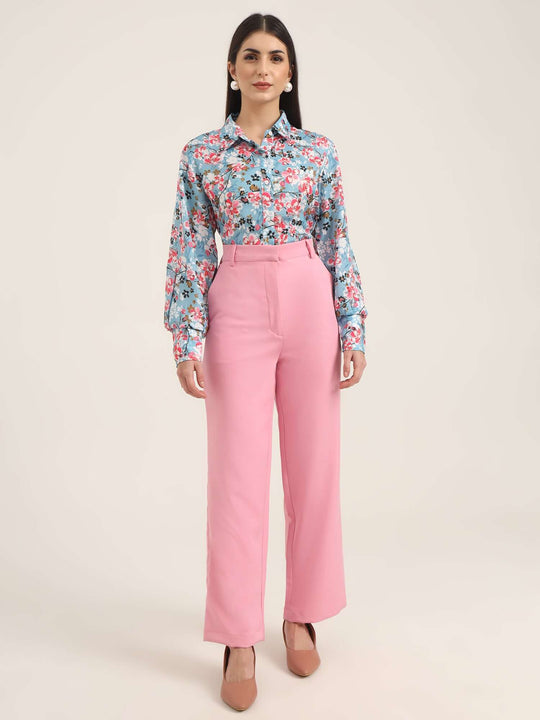 Women'S Luxury Banana Crepe Rose Pink Straight Fit With Flap Pocket Trouser