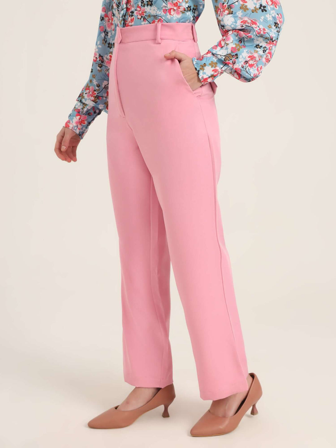 Women'S Luxury Banana Crepe Rose Pink Straight Fit With Flap Pocket Trouser
