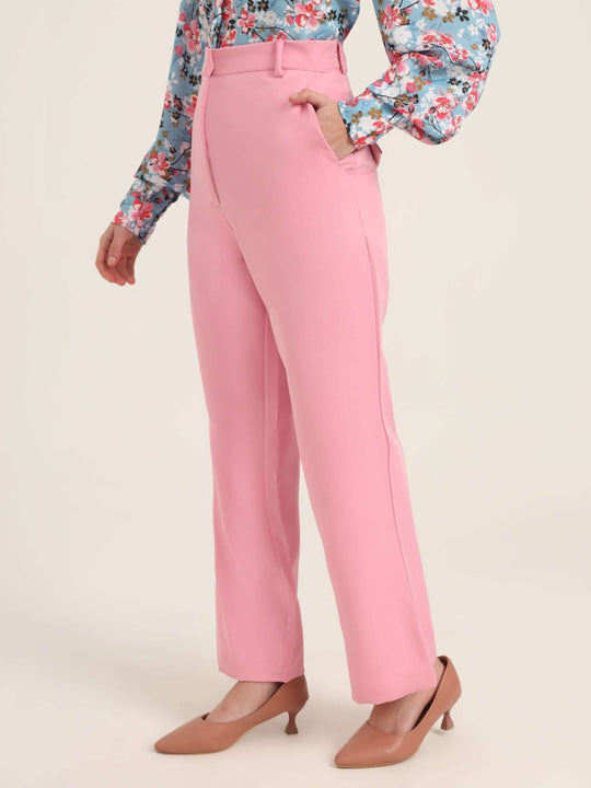 Women'S Luxury Banana Crepe Rose Pink Straight Fit With Flap Pocket Trouser