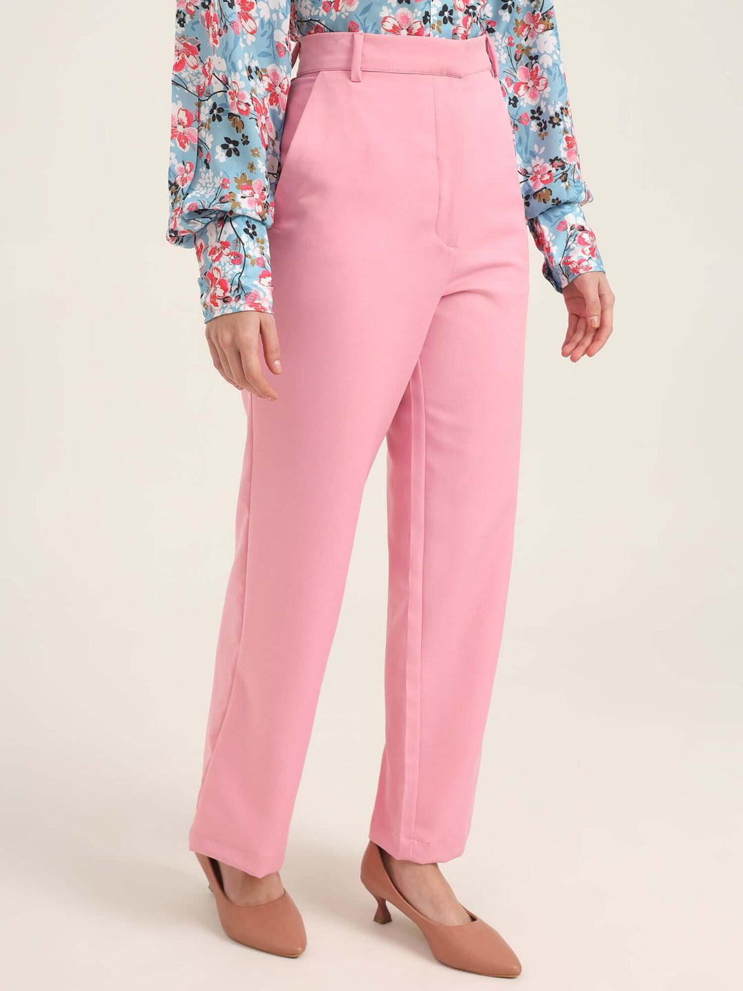 Women'S Luxury Banana Crepe Rose Pink Straight Fit With Flap Pocket Trouser