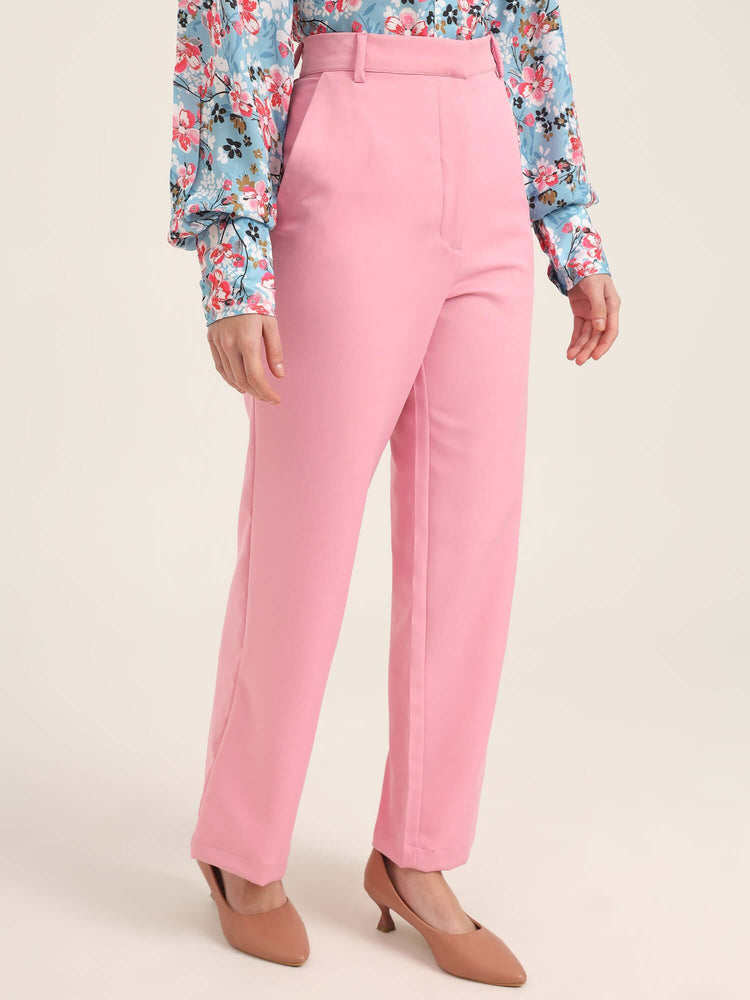Women'S Luxury Banana Crepe Rose Pink Straight Fit With Flap Pocket Trouser