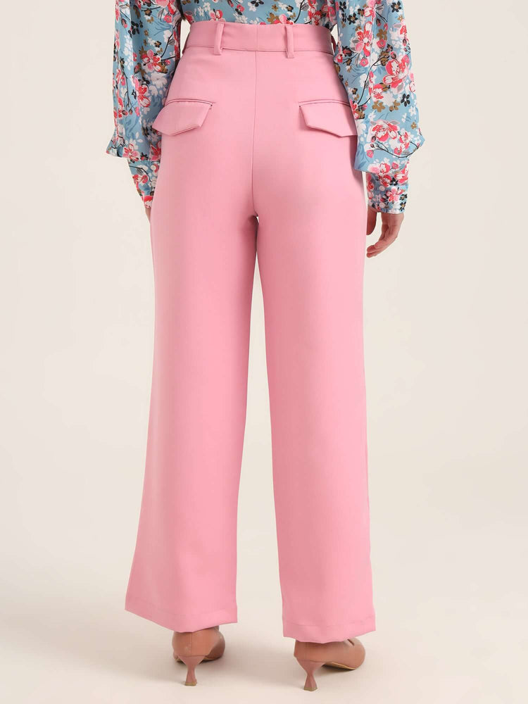 Women'S Luxury Banana Crepe Rose Pink Straight Fit With Flap Pocket Trouser
