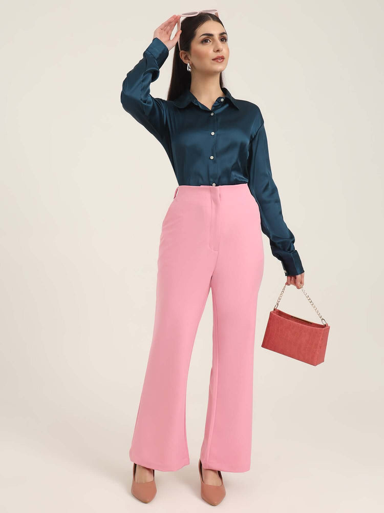 Women'S Luxury Banana Crepe Rose Pink Flared Trouser With Slash Pocket
