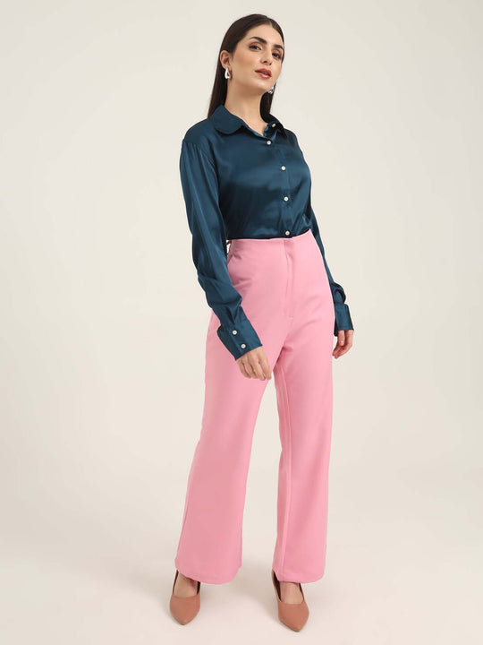 Women'S Luxury Banana Crepe Rose Pink Flared Trouser With Slash Pocket