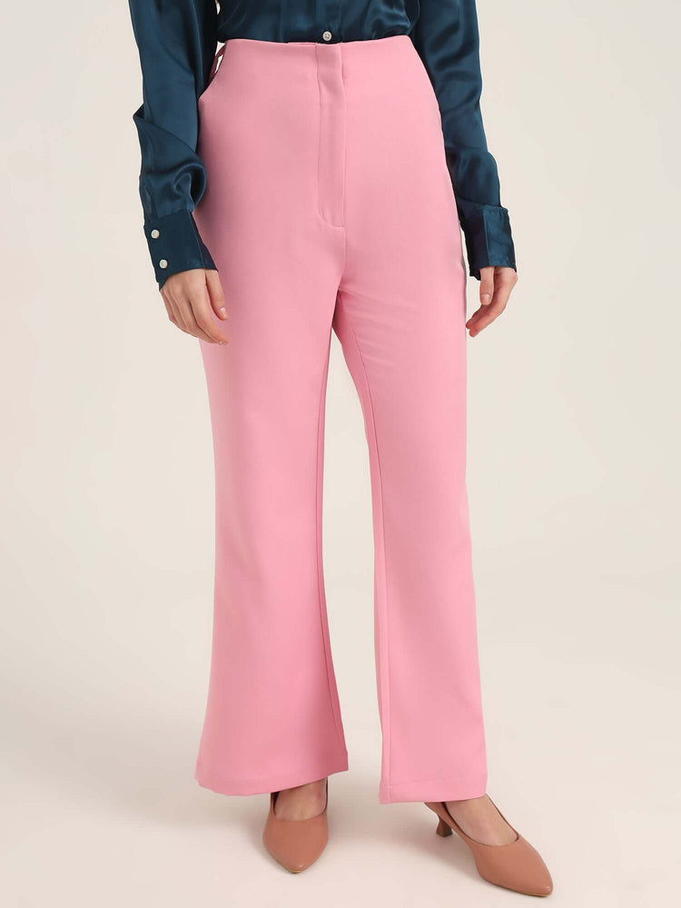 Women'S Luxury Banana Crepe Rose Pink Flared Trouser With Slash Pocket