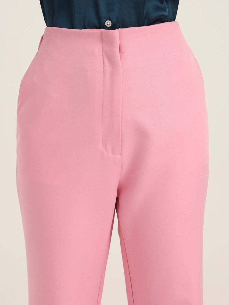 Women'S Luxury Banana Crepe Rose Pink Flared Trouser With Slash Pocket