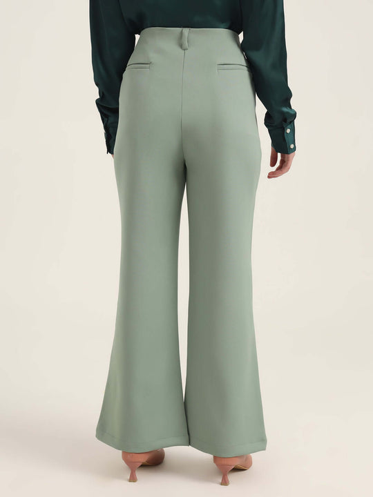 Women'S Luxury Banana Crepe Sage Green Flared Trouser With Slash Pocket