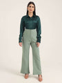Women'S Luxury Banana Crepe Sage Green Flared Trouser With Slash Pocket