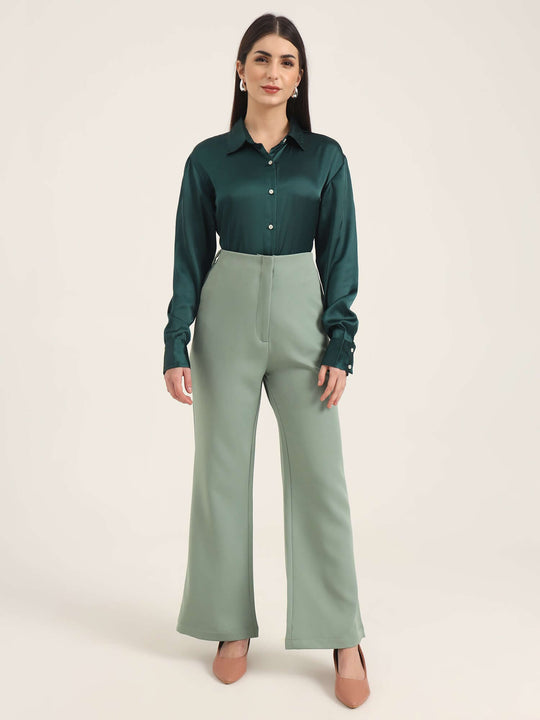 Women'S Luxury Banana Crepe Sage Green Flared Trouser With Slash Pocket