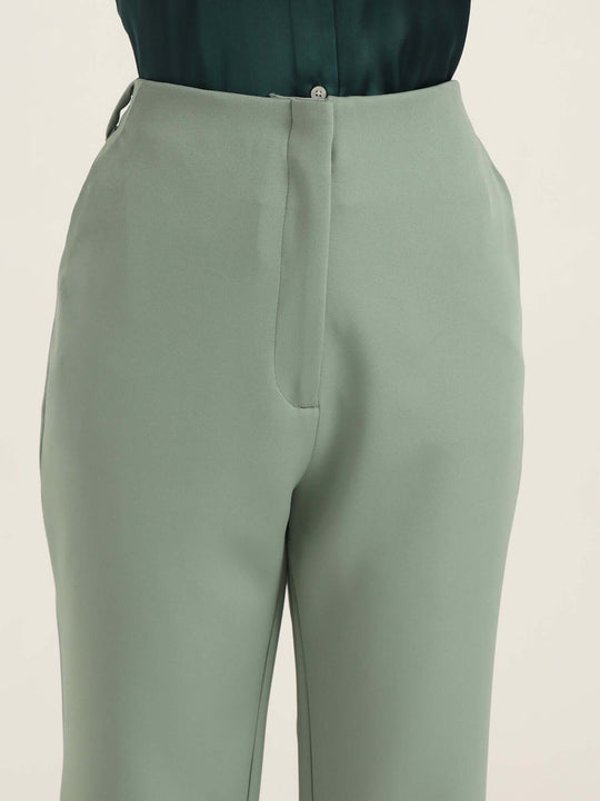 Women'S Luxury Banana Crepe Sage Green Flared Trouser With Slash Pocket