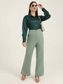 Women'S Luxury Banana Crepe Sage Green Flared Trouser With Slash Pocket