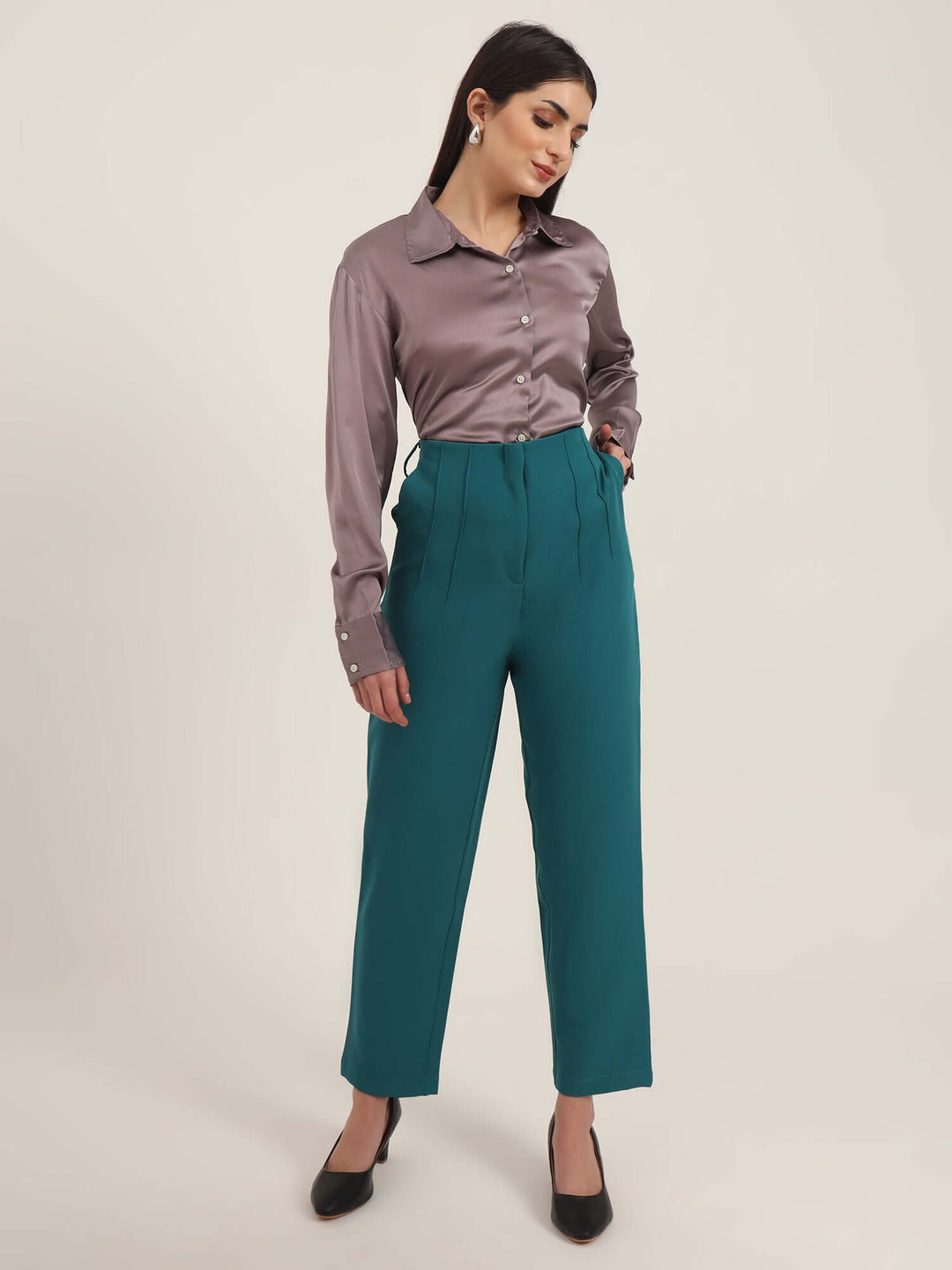 Women'S Luxury Banana Crepe Teal Skin Fit With Multi Pleated Trouser