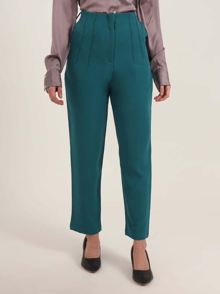 Women'S Luxury Banana Crepe Teal Skin Fit With Multi Pleated Trouser