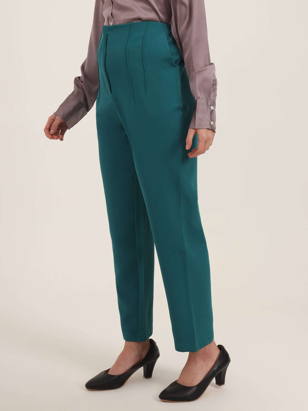Women'S Luxury Banana Crepe Teal Skin Fit With Multi Pleated Trouser