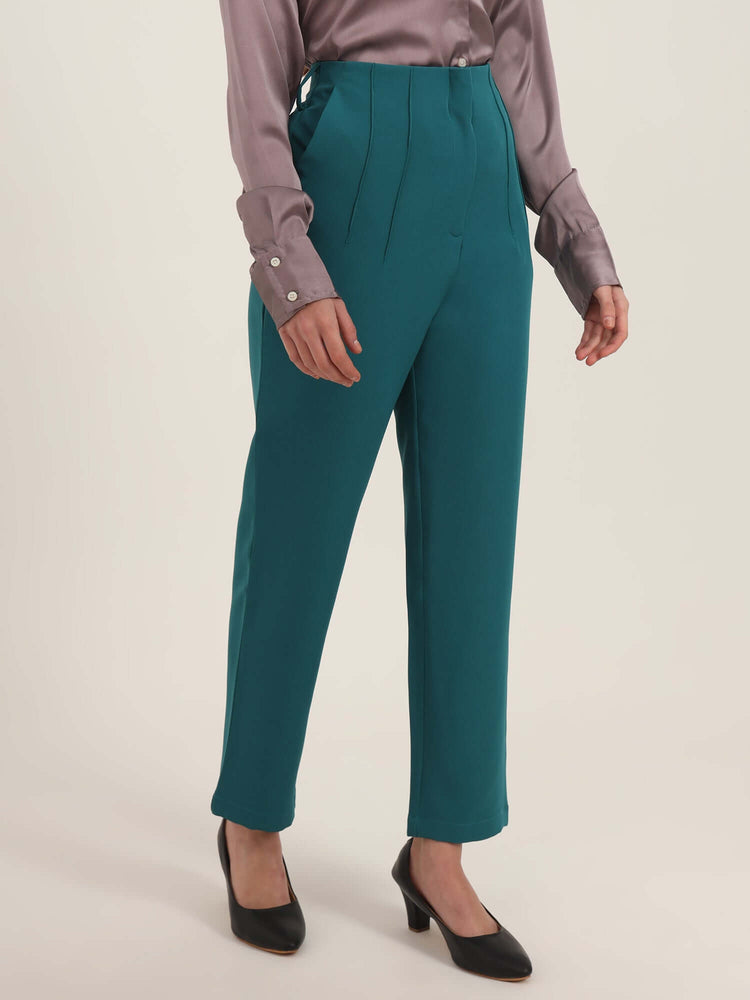Women'S Luxury Banana Crepe Teal Skin Fit With Multi Pleated Trouser
