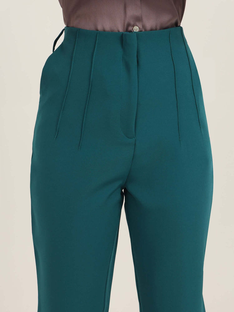 Women'S Luxury Banana Crepe Teal Skin Fit With Multi Pleated Trouser