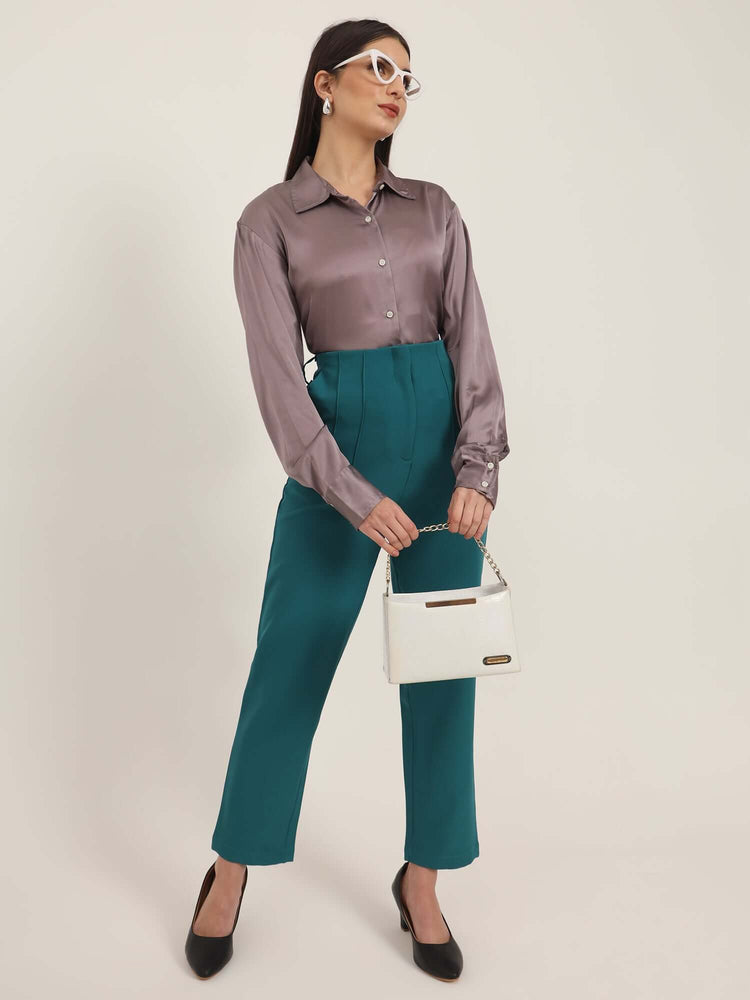 Women'S Luxury Banana Crepe Teal Skin Fit With Multi Pleated Trouser