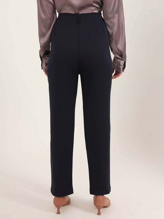 Women'S Luxury Banana Crepe Navy Skin Fit With Multi Pleated Trouser