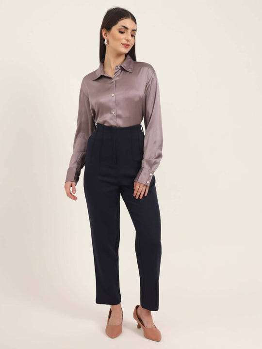Women'S Luxury Banana Crepe Navy Skin Fit With Multi Pleated Trouser