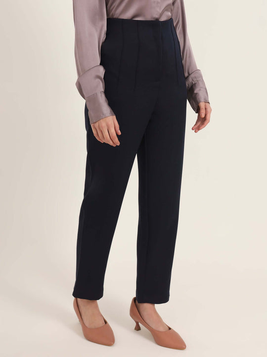 Women'S Luxury Banana Crepe Navy Skin Fit With Multi Pleated Trouser