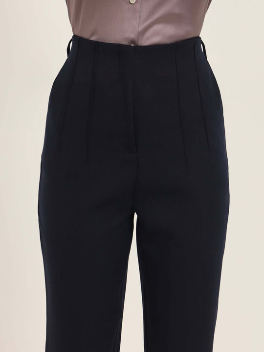 Women'S Luxury Banana Crepe Navy Skin Fit With Multi Pleated Trouser