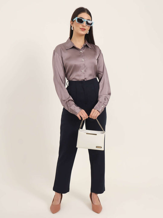 Women'S Luxury Banana Crepe Navy Skin Fit With Multi Pleated Trouser