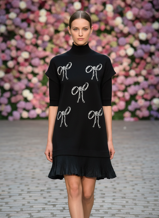 Luxury Black Bow Embellished A-Line Mini Dress