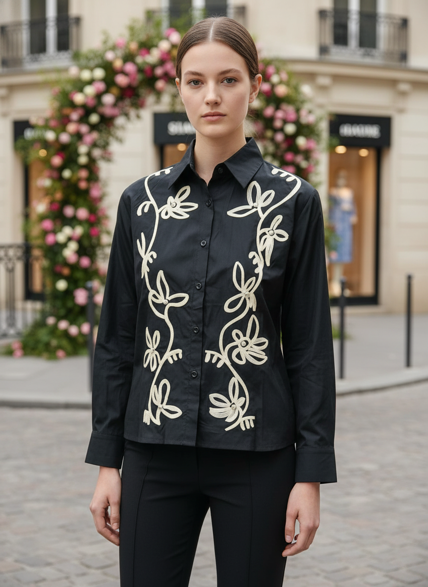 Elegant Black Embroidered Shirt for Women