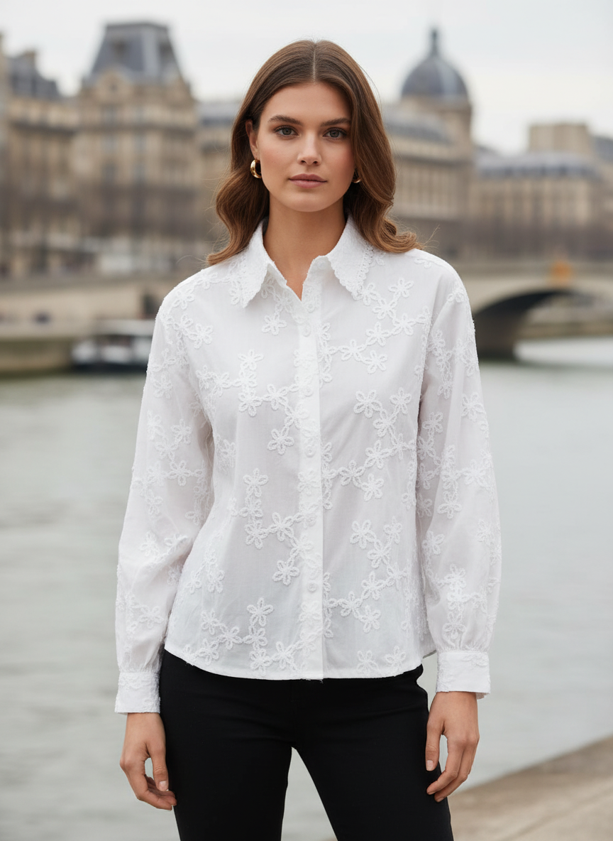 White Floral Embroidered Women Shirt