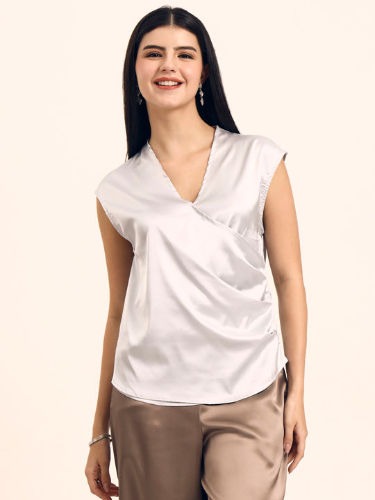 Women's Luxury European Satin V Neck Pleated Sleeveless Top