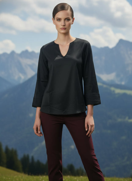 European Satin V Neck Long Sleeve Top