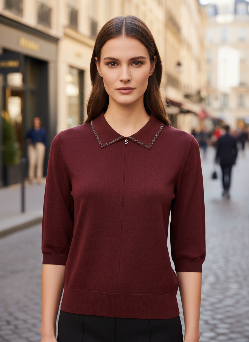 Maroon Knit Top with Embellished Peter Pan Collar