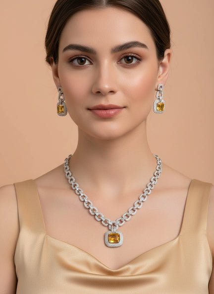 Yellow Cubic Zirconia Necklace & Earrings Set for Women