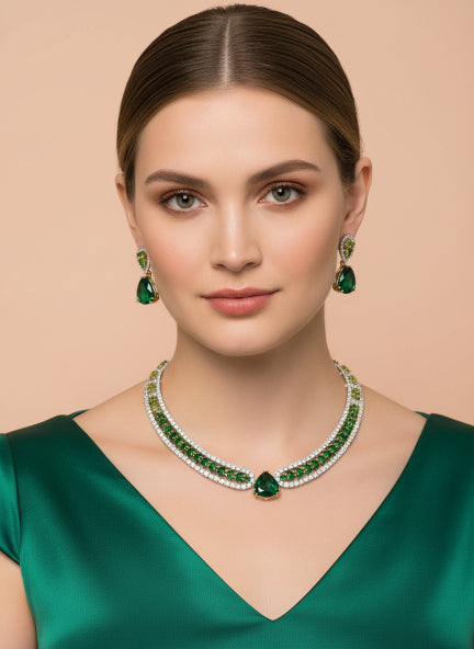 Royal Emerald Drop Cubic Zirconia Choker Necklace & Earrings Set