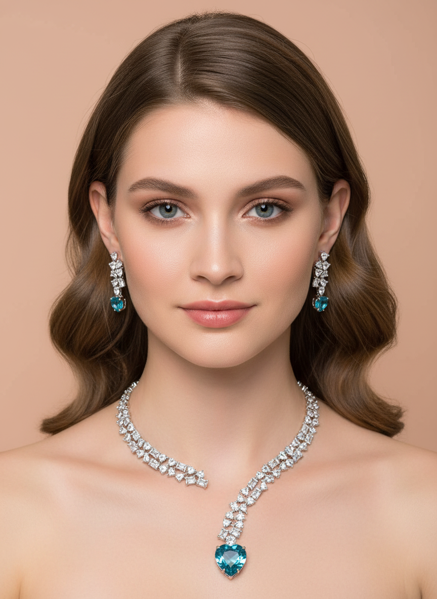 Royal Teal Heart Cubic Zirconia Necklace & Earrings Set