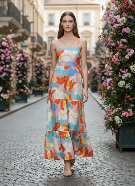 Premium Muslin Digital Print  Shoulder Strap Maxi Dress With Slash Pocket