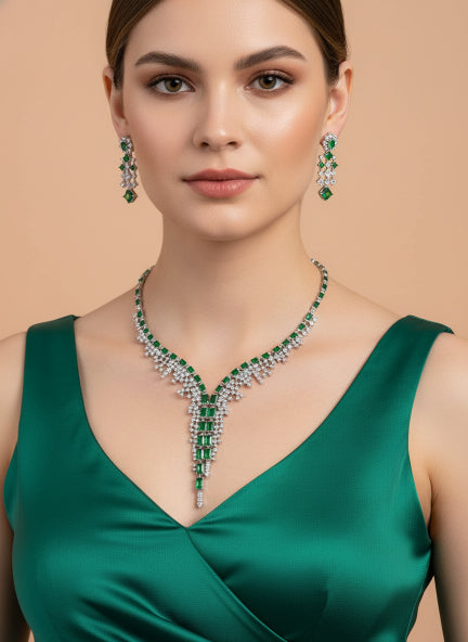 Green Emerald Cubic Zirconia Necklace & Earrings Set for Women