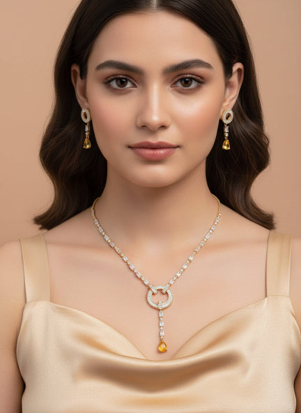 Elegant Gold-Plated Crystal Pendant Necklace Set with Drop Earrings for Women