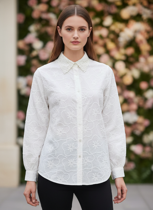 Women’s White Floral Embroidered Shirt with Lace Collar