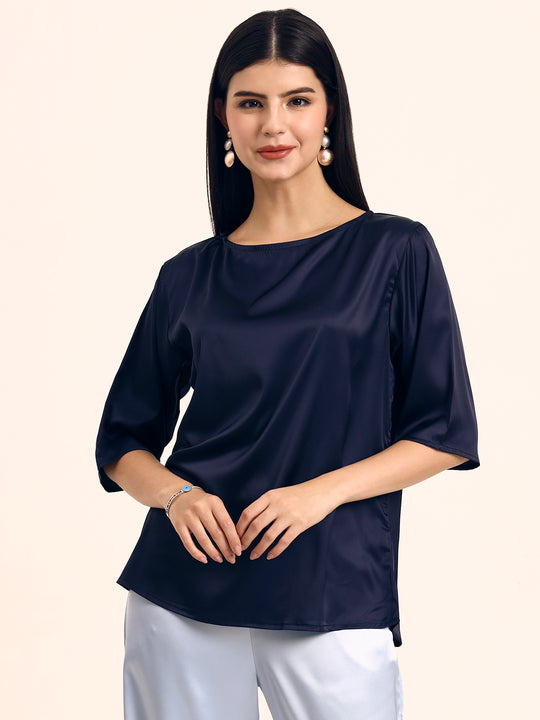 Women's Luxury Elegant Navy European Satin Top
