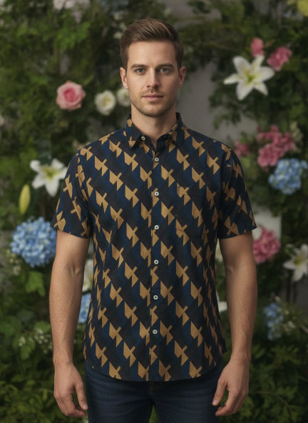 Navy Geometric Print Premium Cotton Shirt
