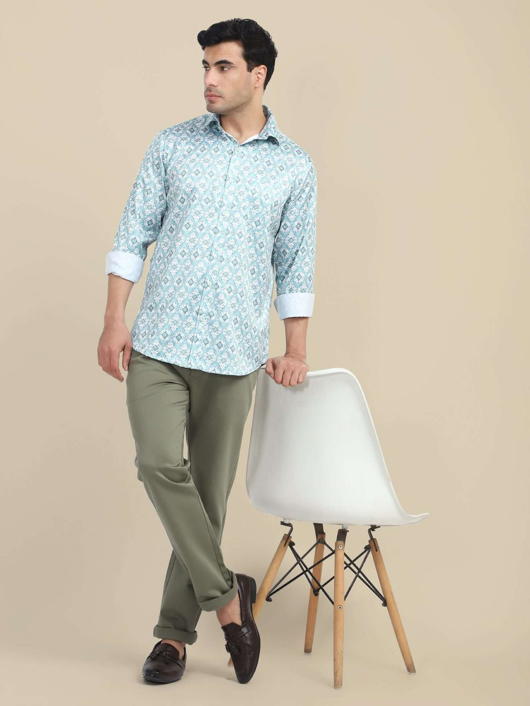 Men'S Poly Satin Lycra Blue Digital Printed Shirt