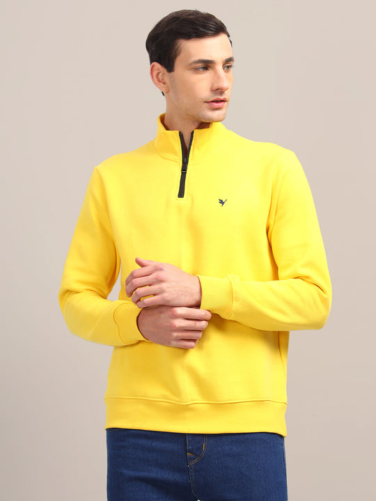 Amswan Men'S Yellow Solid Half-Zip Sweatshirt