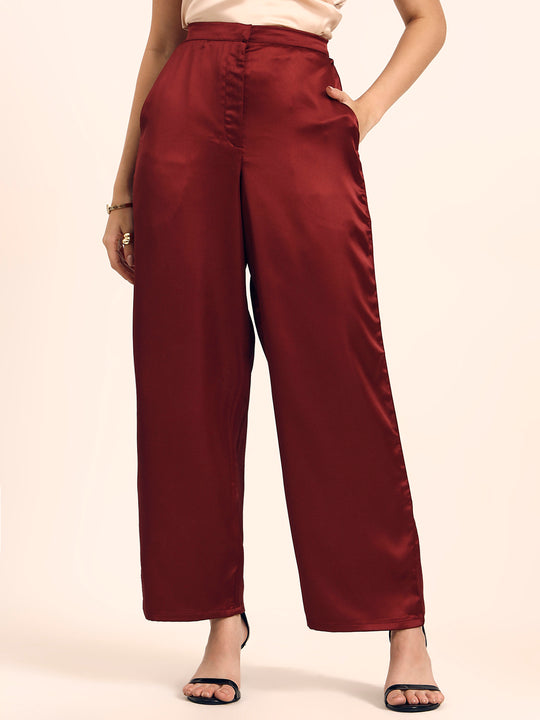 Luxury Satin Wide Leg Pants European Fabric  Wine Red Glam Look