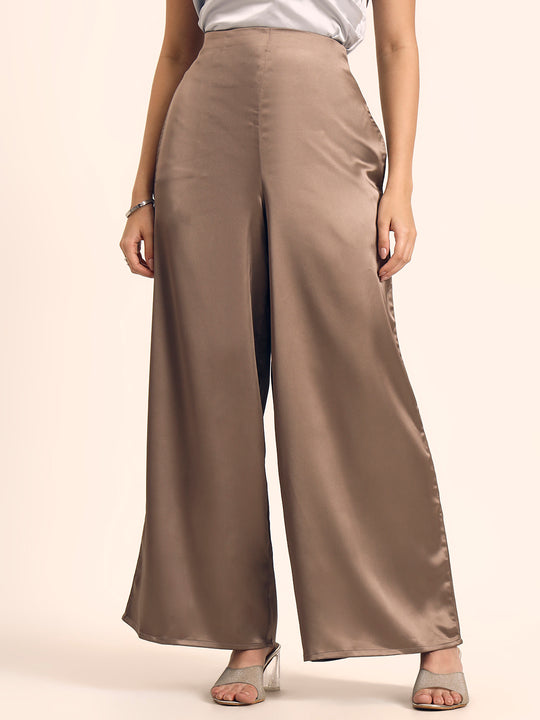 Luxury Satin Wide Leg Pants European Fabric  Mocha Pearl Glam Look