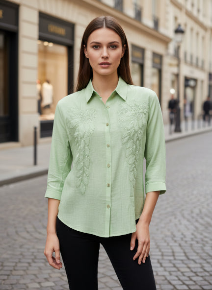 Mint Green Beaded Floral Linen Shirt