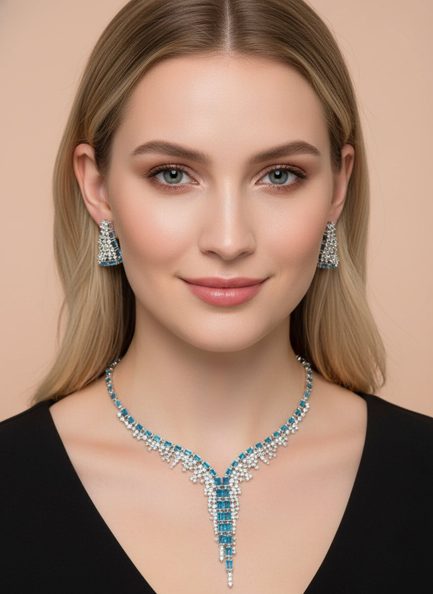 Luxury Aqua Blue Cubic Zirconia Necklace & Earrings Set